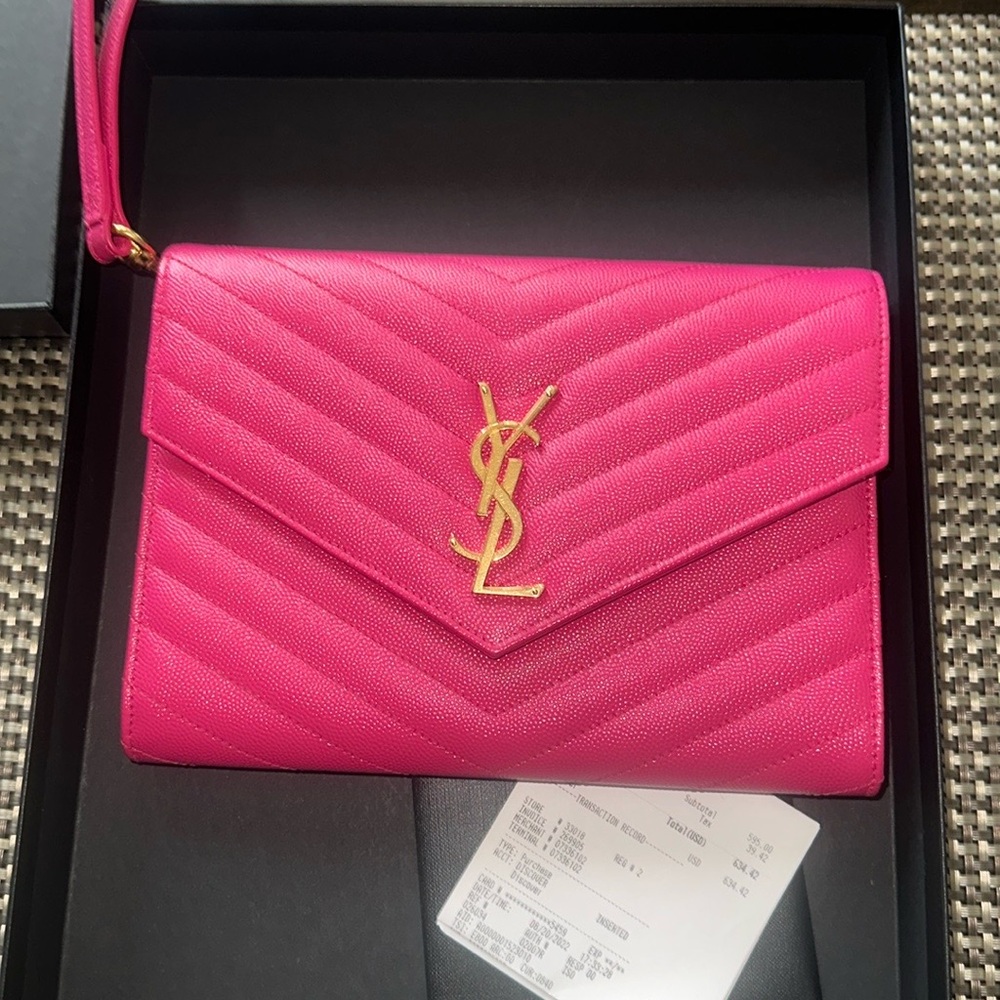Yves Saint Laurent Pink Chevron Clutch with Gold Hardware